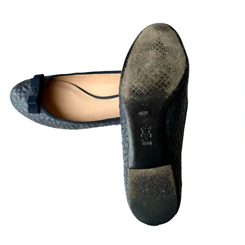 Tory Burch Marion Quilted Navy Blue Flats Leather Bow Detail